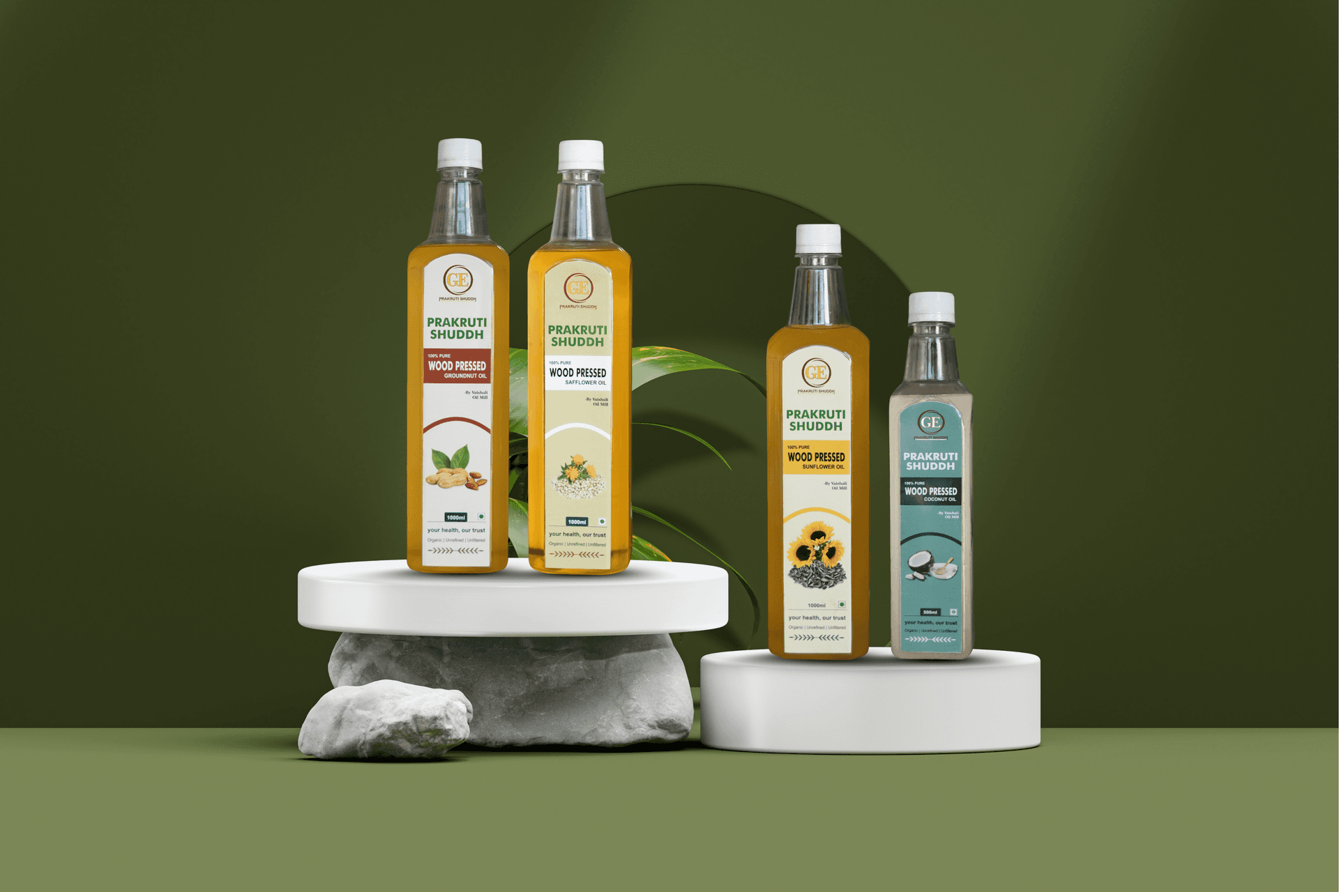 Prakruti Shuddh Wood Pressed Groundnut Oil Bottle Showcase